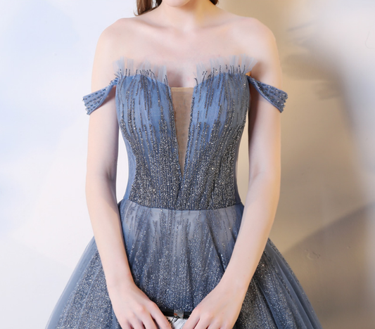 Sparkling tulle sequins long prom dress, evening dress  8105