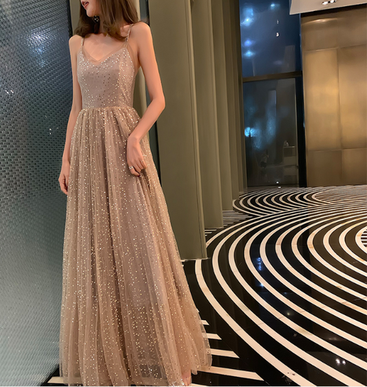 Shiny tulle sequins long prom dress evening dress  8312