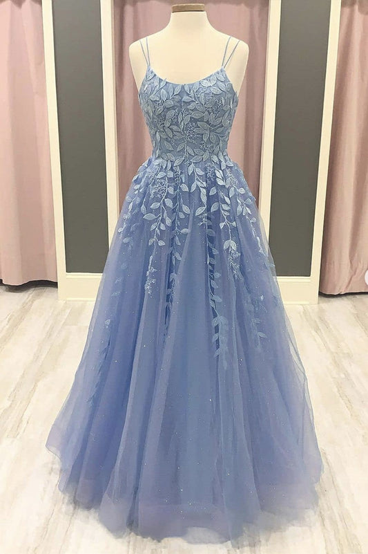 Vestido de fiesta largo con apliques de encaje de tul azul, vestido formal de encaje