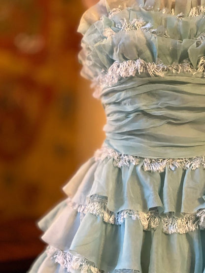 1940s Teal Vintage A Line Strapless Layered Organza Gown Homecoming Dress SH3661
