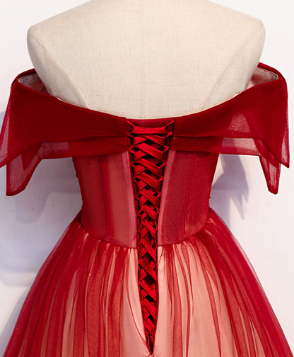 Burgundy Off Shoulder Tulle Long Prom Dress, Burgundy Formal Dress       fg5699