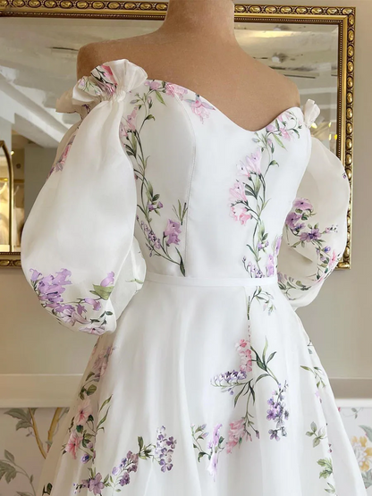 Women's Floral Print Wedding Dresses, Off-the-Shoulder Bridal Gowns, Beach Sweep Train Bridal Gown      fg8066