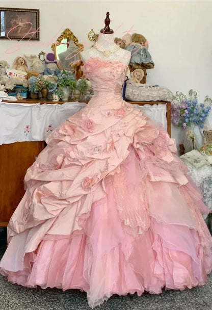 Elegante vestido de quinceañera rosa con flores 3D, corte A, largo hasta el suelo, para fiesta de cumpleaños, noche, baile, TP4421