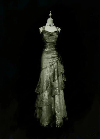 Green/champagne Vintage Elegant Long Lace Ruffle prom dress Evening Dress gh3444