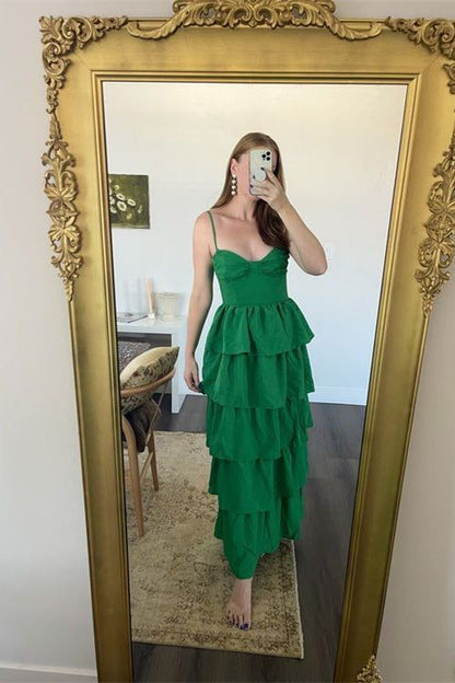 Green Spaghetti Straps Layered Long Prom Dress gh2860