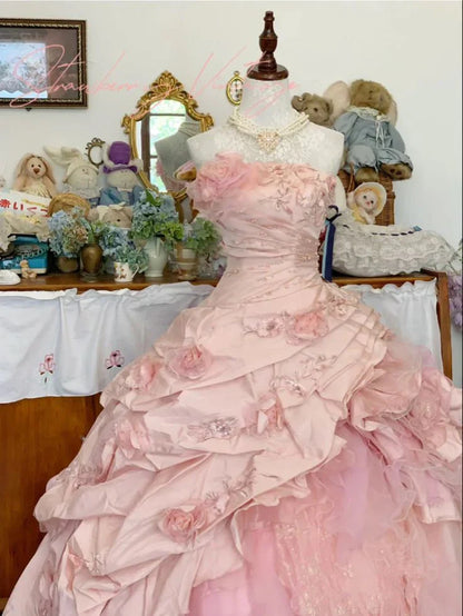 Elegante vestido de quinceañera rosa con flores 3D, corte A, largo hasta el suelo, para fiesta de cumpleaños, noche, baile, TP4421