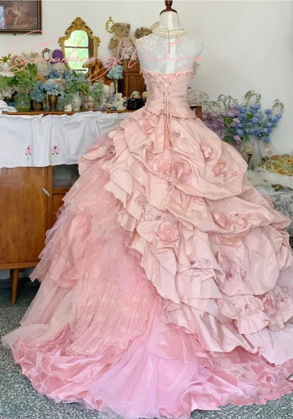 Elegante vestido de quinceañera rosa con flores 3D, corte A, largo hasta el suelo, para fiesta de cumpleaños, noche, baile, TP4421