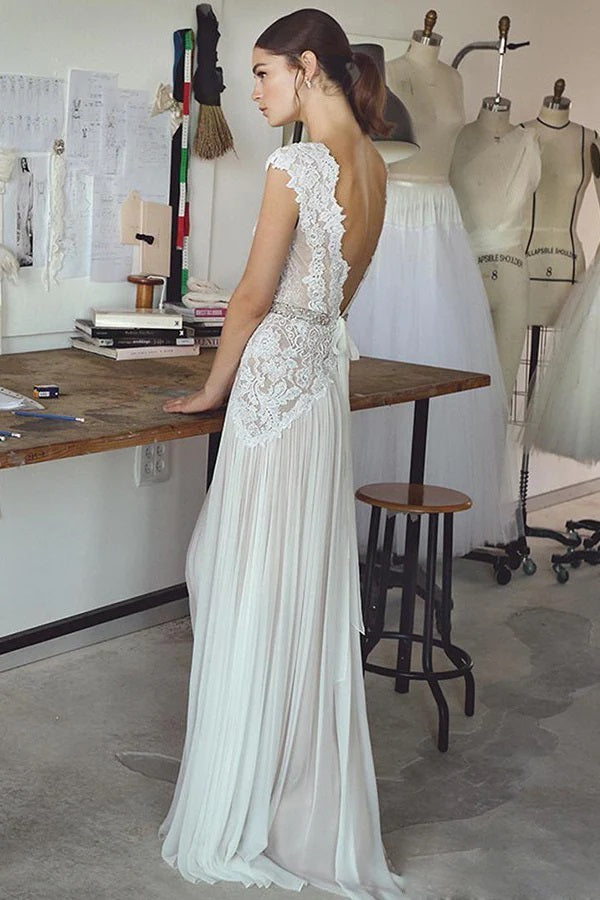 Vestido de novia con mangas cortas, vestidos de novia largos bohemios
