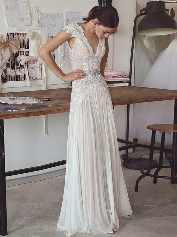 Vestido de novia con mangas cortas, vestidos de novia largos bohemios