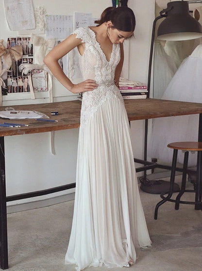 Vestido de novia con mangas cortas, vestidos de novia largos bohemios
