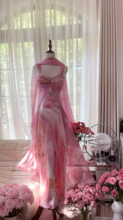 Retro Pink Sweetheart Floral Elegant Design A-line Romantic Chiffon Evening Dress Prom Dress TP4003
