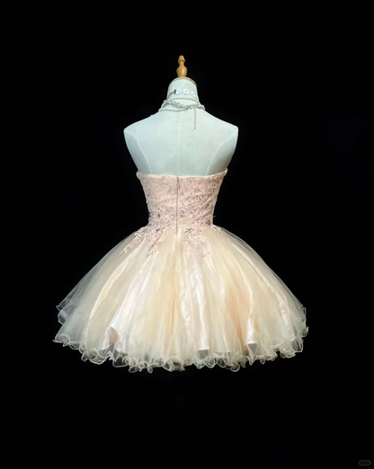 Cute Peach Powder Lace Beaded Mini Birthday Dress Strapless A Line Homecoming Dress  S430
