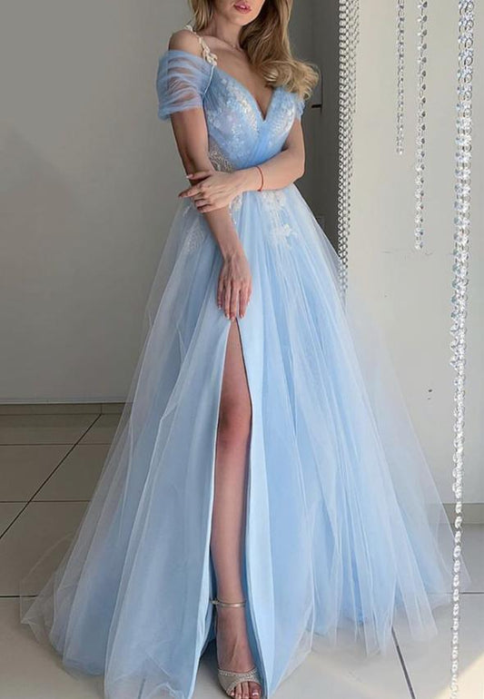 Princess Blue Tulle Lace Prom Dress With Slit, Off The Shoulder Evening Gown GP318