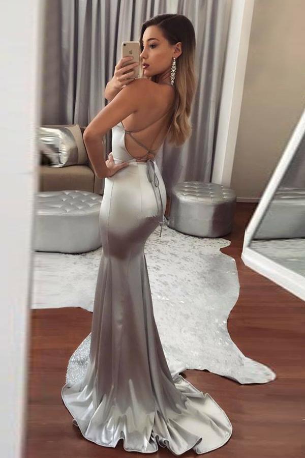 Silver Backless Formal Prom Dresses, Sequins Mermaid Halter Evening Dress MP284