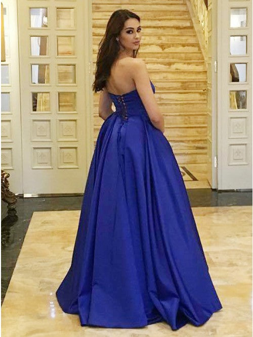 Strapless Royal Blue Satin Long Prom Dress Plus Size Formal Gown GP19