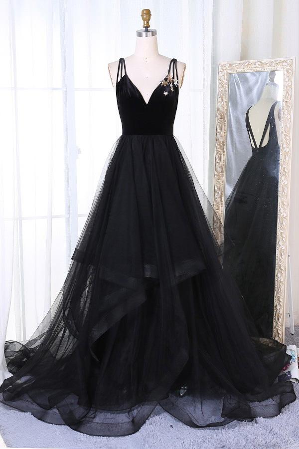 A-Line Sequins Tulle Prom Dress, Star Sequins Evening Dress With Tiered MP709