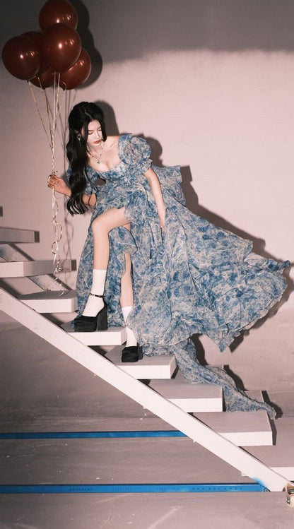 Romantic A Line Puff Sleeve Print Flower Blue Chiffon Party Dress Evening Dress with Slit SH2866