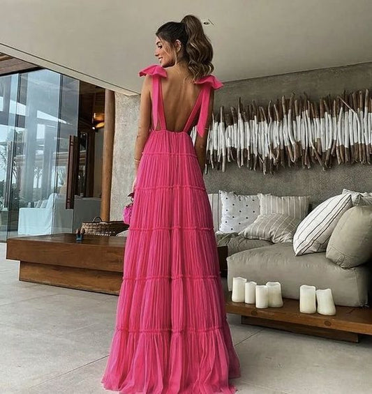 Vestidos formales largos de corte A, vestido de noche con tirantes y lazo para fiesta