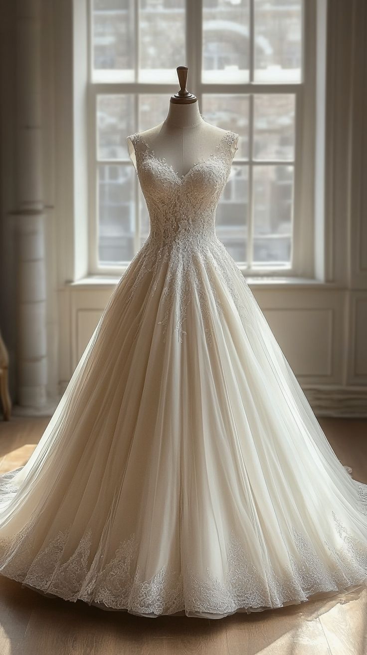 Vestido de fiesta largo de tul con encaje y escote en V, corte A, color blanco, vestido de novia blanco ED01245