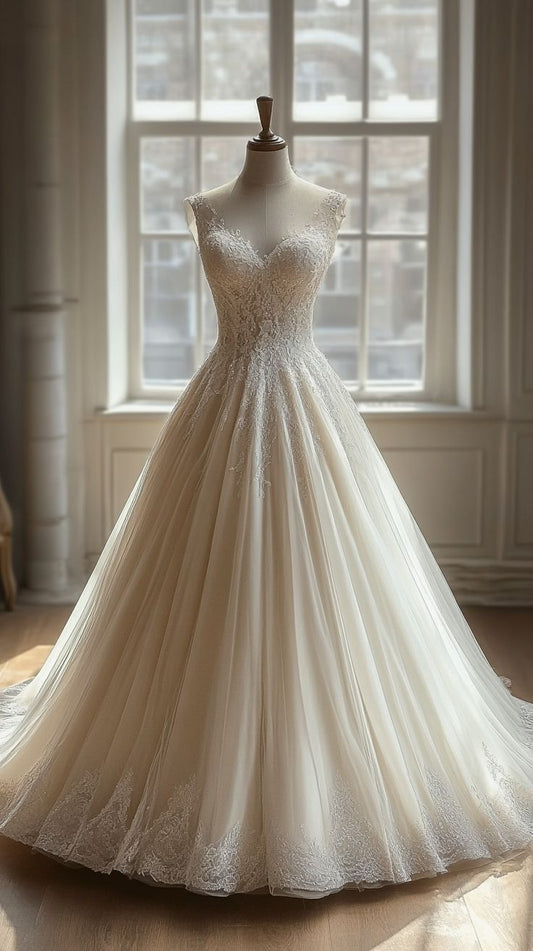 Vestido de fiesta largo de tul con encaje y escote en V, corte A, color blanco, vestido de novia blanco ED01245