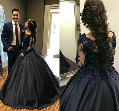 Ball Gown Lace Long Sleeves Prom Dress Black Quinceanera Dresses MP93