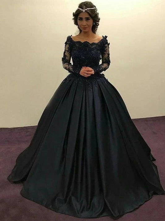 Ball Gown Lace Long Sleeves Prom Dress Black Quinceanera Dresses MP93