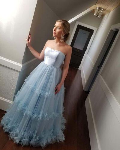 Light Blue Strapless Long Prom Dresses Tulle Graduation Gown GP97