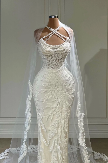 Vestido de novia largo de lujo blanco con cuello halter y apliques de tul DP619