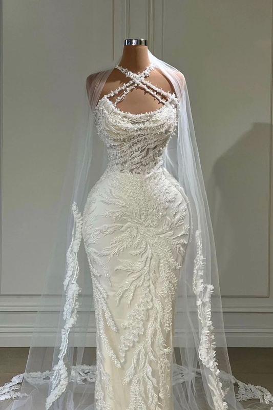 Vestido de novia largo de lujo blanco con cuello halter y apliques de tul DP619
