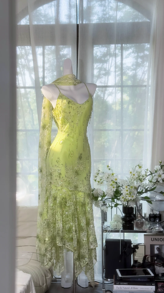 Retro Light Green Sparkling Sequin Spaghetti Strap Romantic Ball Gown Evening Dress Prom Dresses TP3961
