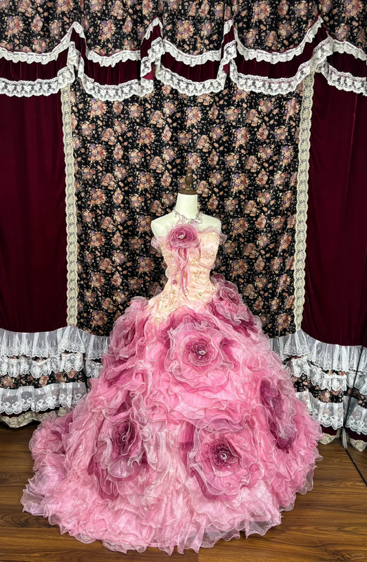 Vestido de quinceañera con flores 3D en tul rosa y cuentas, vestido de noche TP4268