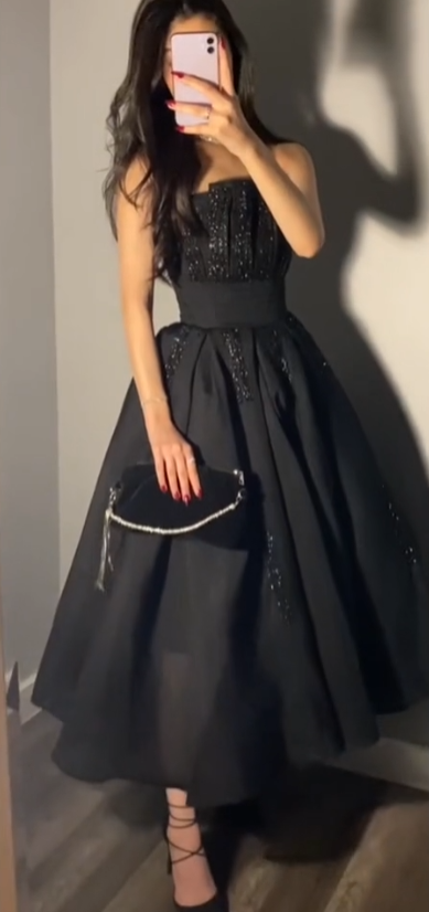 Vestido de noche negro encantador, sin tirantes y sin mangas, TP2043