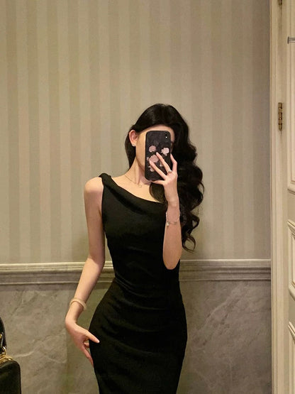 Vestido de fiesta negro sexy de un solo hombro sin mangas para fiesta de graduación, atuendos de cumpleaños de verano, vestidos para 18 cumpleaños W820