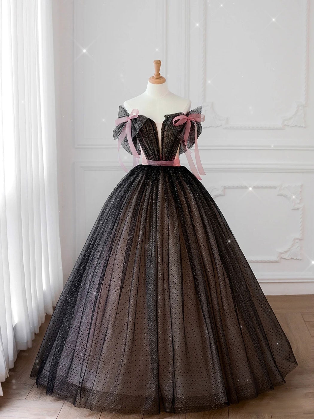 Vestido de fiesta largo de tul negro con hombros descubiertos, vestido formal de tul negro