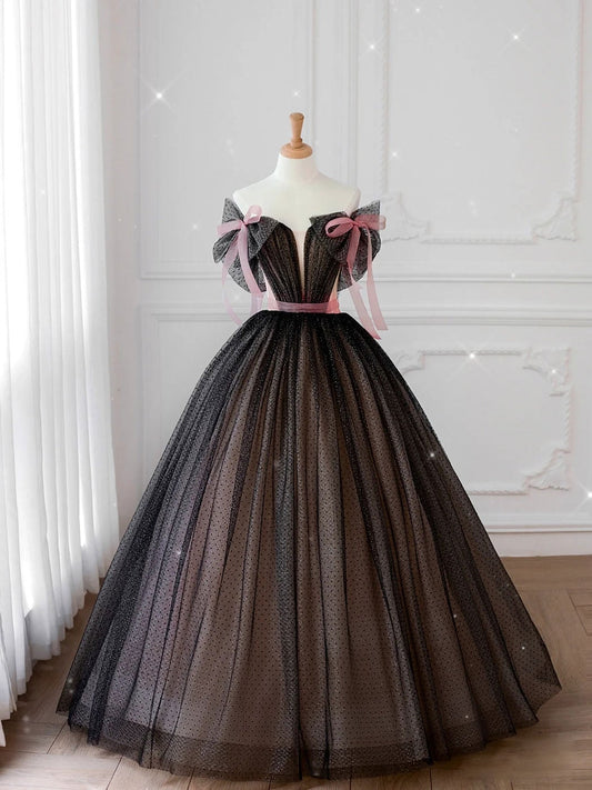 Vestido de fiesta largo de tul negro con hombros descubiertos, vestido formal de tul negro