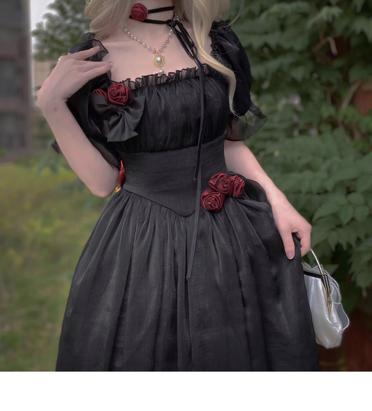 Retro A Line Square Neckline Short Sleeves Black Chiffon Long Party Dresses Birthday Dress SD584