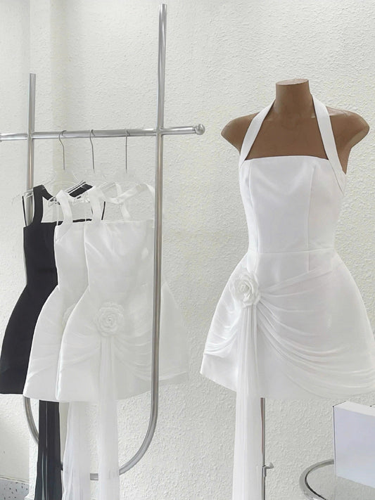 Vestido negro corto con cuello halter y corte en A, para fiesta, corto, formal, de bienvenida, elegante, de noche, para cóctel, para cumpleaños número 16, DH2766