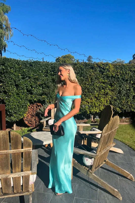 Simple Sheath Off the Shoulder Blue Satin Open Back Prom Dress Evening Dress SH2532