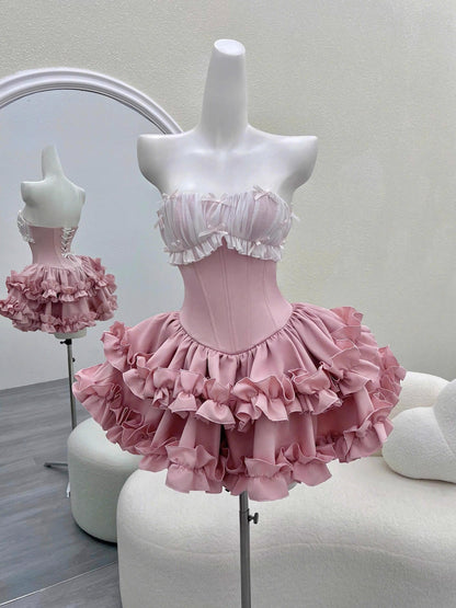 Bonito vestido de fiesta rosa sin tirantes, corto, formal, para el regreso a casa, elegante, corto, para cóctel, para cumpleaños número 16, DH2759