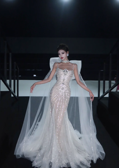 Rhinestone Exquisite Mermaid Spaghetti Strap Beaded Tulle Prom Dress Wedding Dress with Bow SH3639