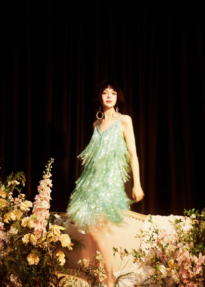 Shiny Bright Green Sequin A Line Spaghetti Strap Short Homecoming Dress Cocktail Dress SH3577
