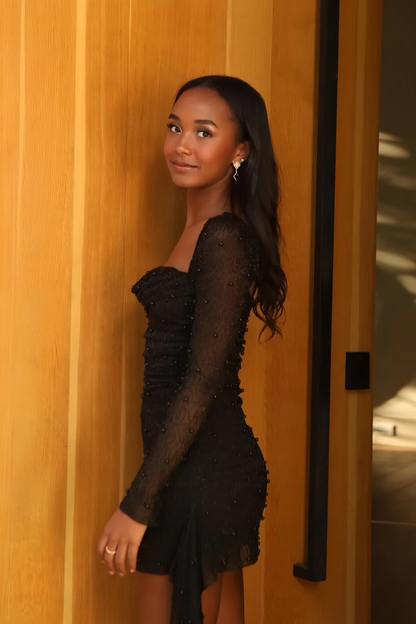Black Tulle Pearl Beaded Homecoming Dress Short Prom Dress SH1470