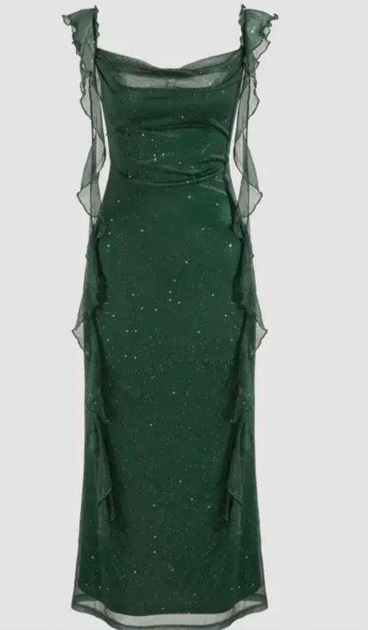 Cowl Neck Sequin Ruffle Maxi Dress Navy Blue Evening Dress      cg25206