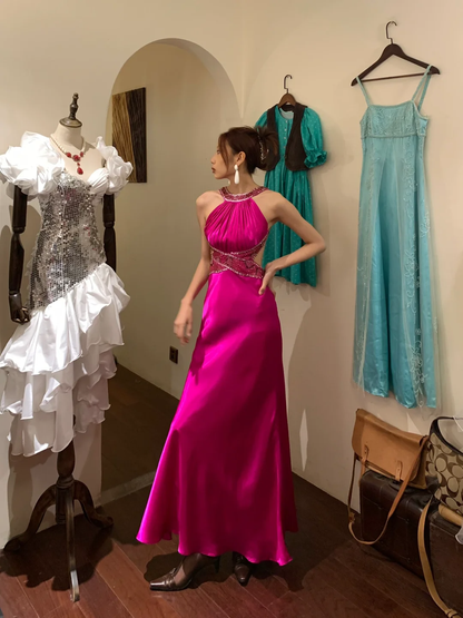 Vintage Mermaid Halter Beaded Sequin Pink Satin Long Open Back Party Dress Cocktail Dress SH2947