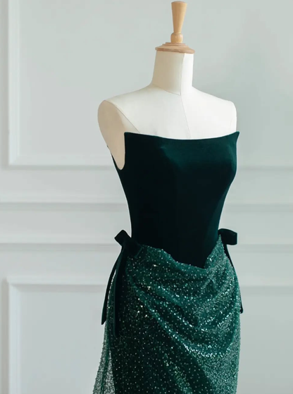 Green A Line Strapless Velvet Sequin Long Sweep Prom Dress Graduation Prom Dress SH2492