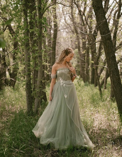 2025 New A Line Off the Shoulder Appliques Tulle Long Prom Dress Evening Dress SH2228