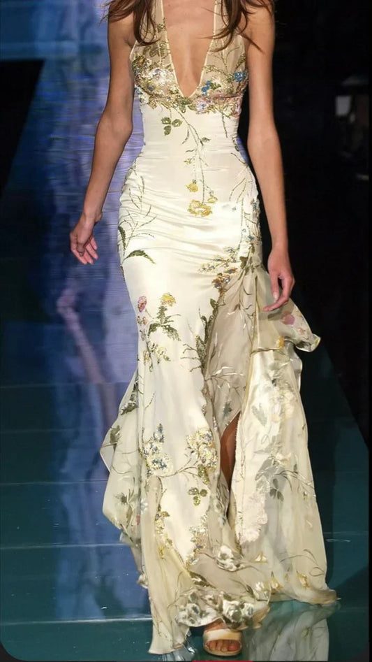 Vintage Floral Sheath Prom Dress Long Halter-neck Evening Dress Chiffon High Slit Formal Dress TP4576