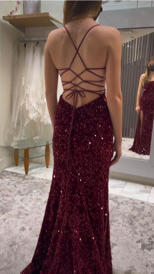 Vestidos de fiesta de lentejuelas sexys, vestido de gala largo color burdeos de sirena