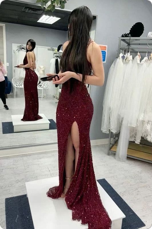 Vestidos de fiesta de lentejuelas sexys, vestido de gala largo color burdeos de sirena
