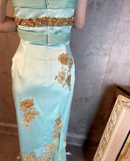 Gorgeous Sheath Strap Appliques Sequin Beaded Blue Satin Prom Dress Evening Dress SH2669